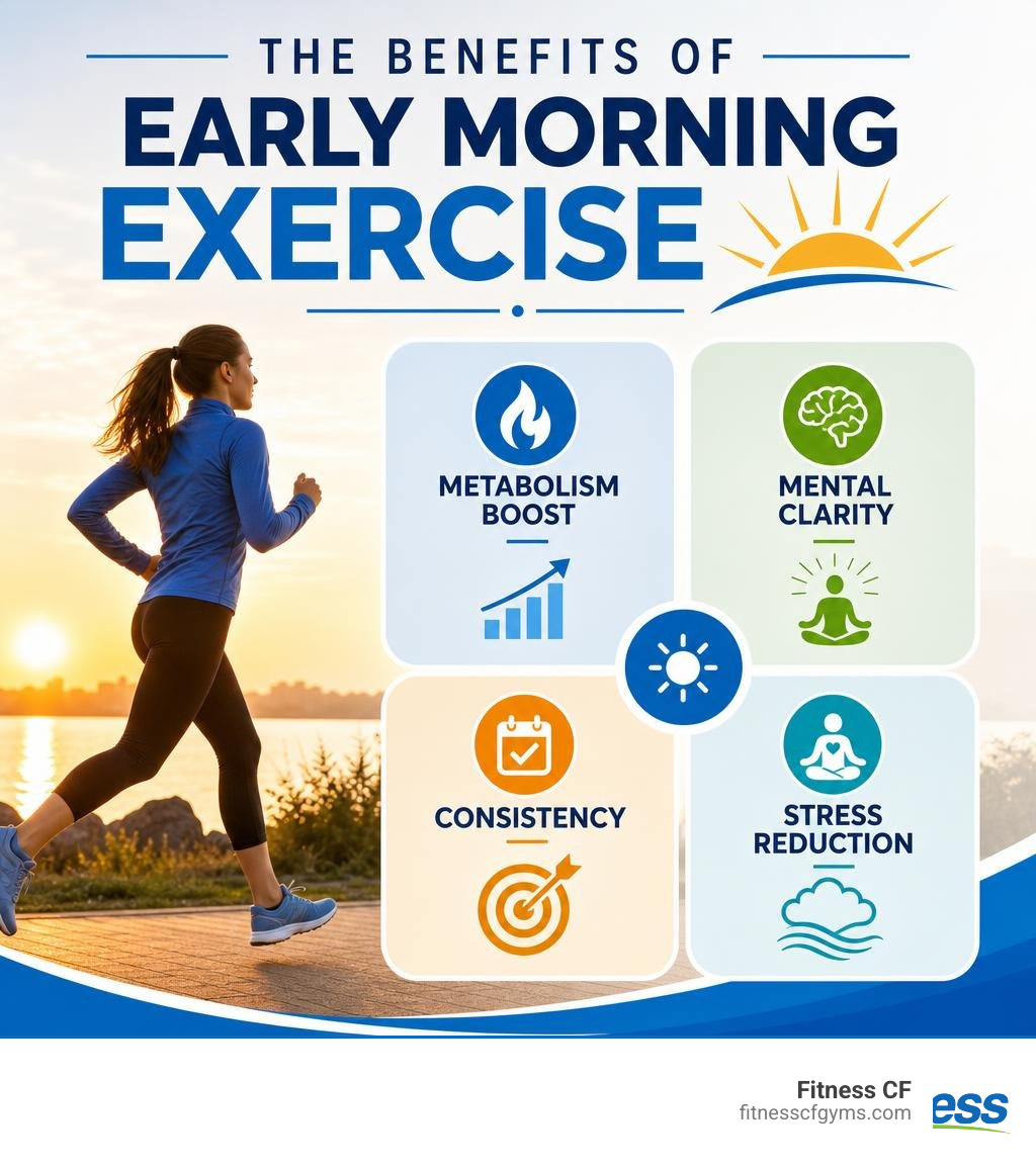 Benefits of early morning exercise infographic showing metabolism boost, mental clarity, consistency, and stress reduction
