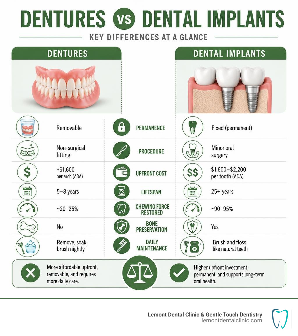 Dentures vs dental implants key differences comparison infographic infographic