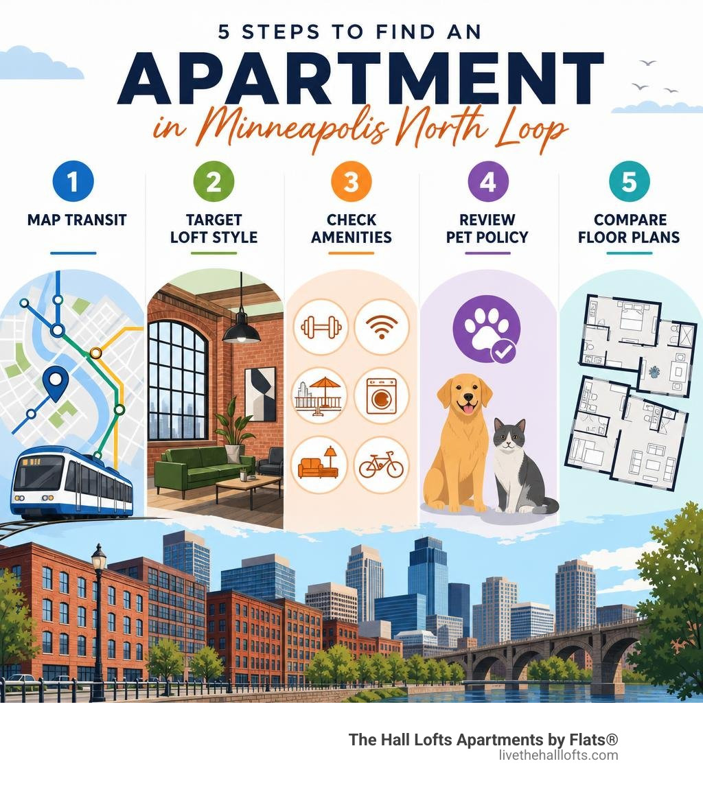 Steps to find an apartment in Minneapolis North Loop: map transit, target loft style, check amenities, review pet policy Steps to find an apartment in Minneapolis North Loop: map transit, target loft style, check amenities, review pet policy