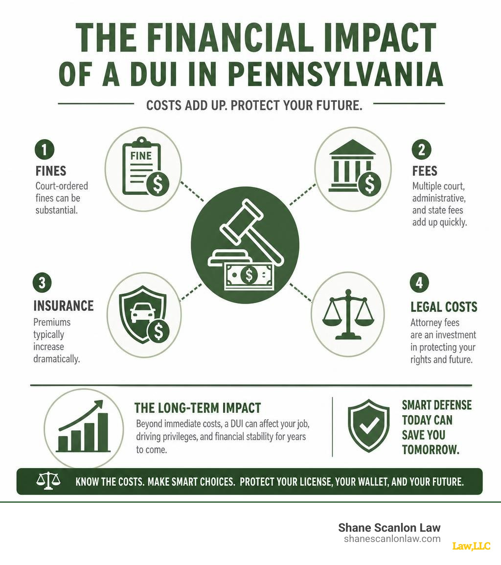 Financial impact of a DUI in Pennsylvania including fines, fees, insurance, and legal costs infographic Financial impact of a DUI in Pennsylvania including fines, fees, insurance, and legal costs infographic