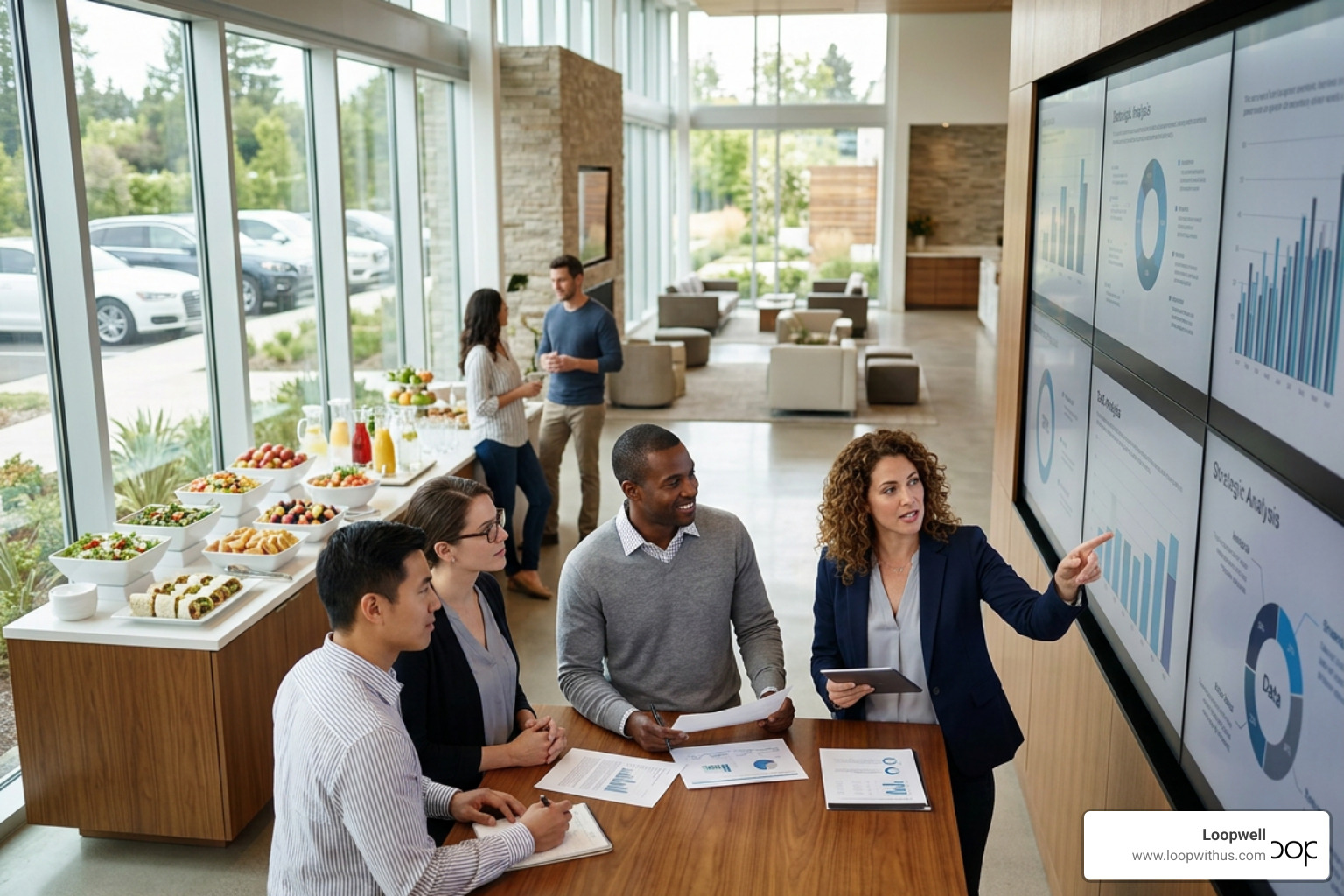 A photorealistic view of diverse professionals collaborating in a luxurious, premier event space A photorealistic view of diverse professionals collaborating in a luxurious, premier event space