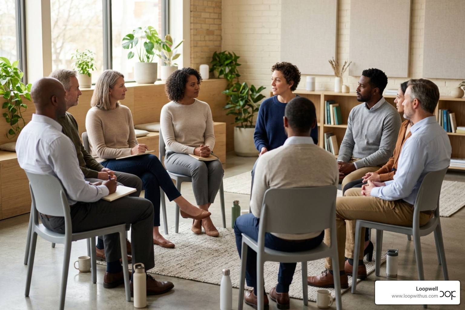 Diverse professionals participating in an interactive, expert-led mindfulness workshop at Loopwell Diverse professionals participating in an interactive, expert-led mindfulness workshop at Loopwell