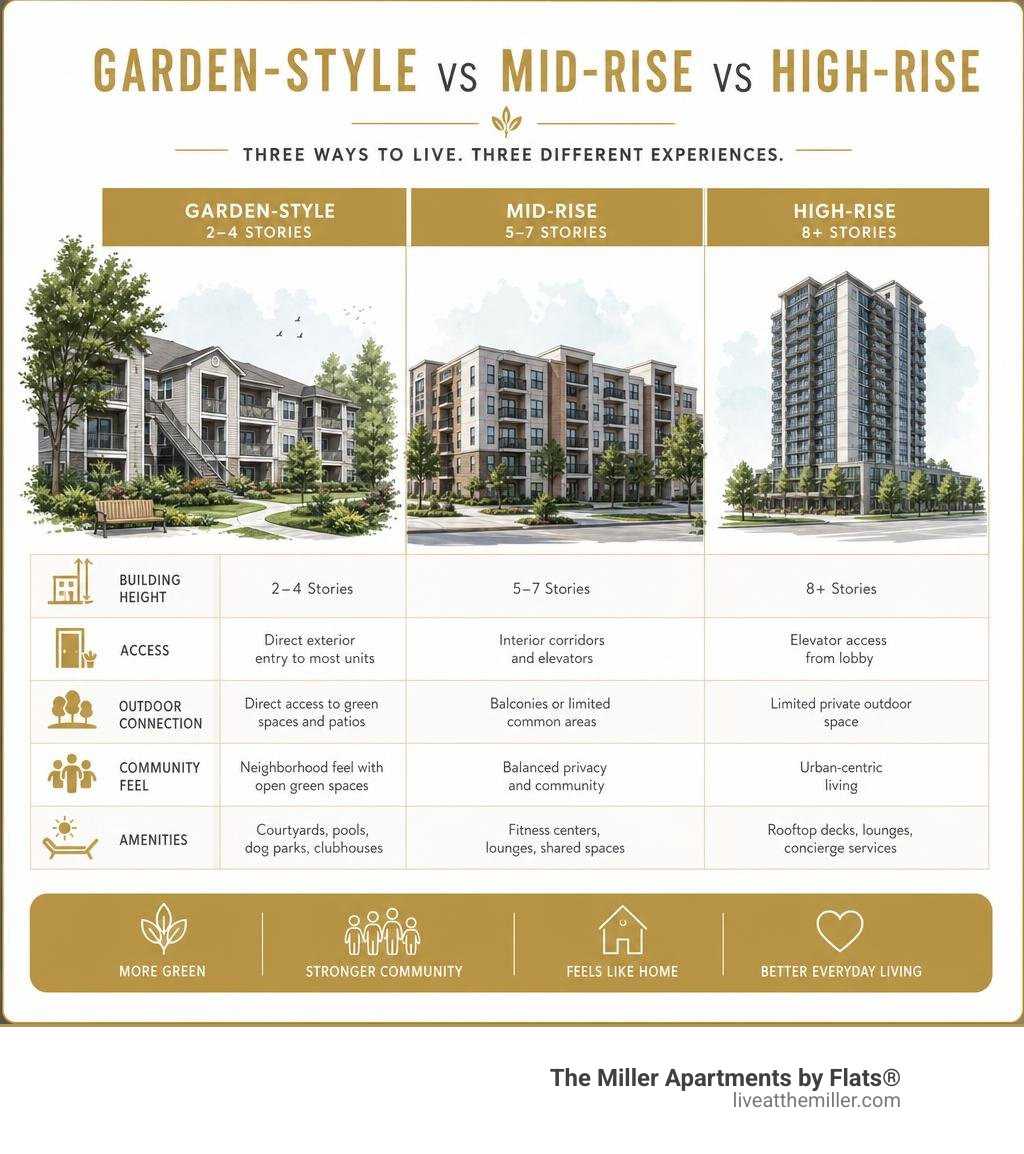 Garden-style vs mid-rise vs high-rise apartment comparison infographic infographic Garden-style vs mid-rise vs high-rise apartment comparison infographic infographic