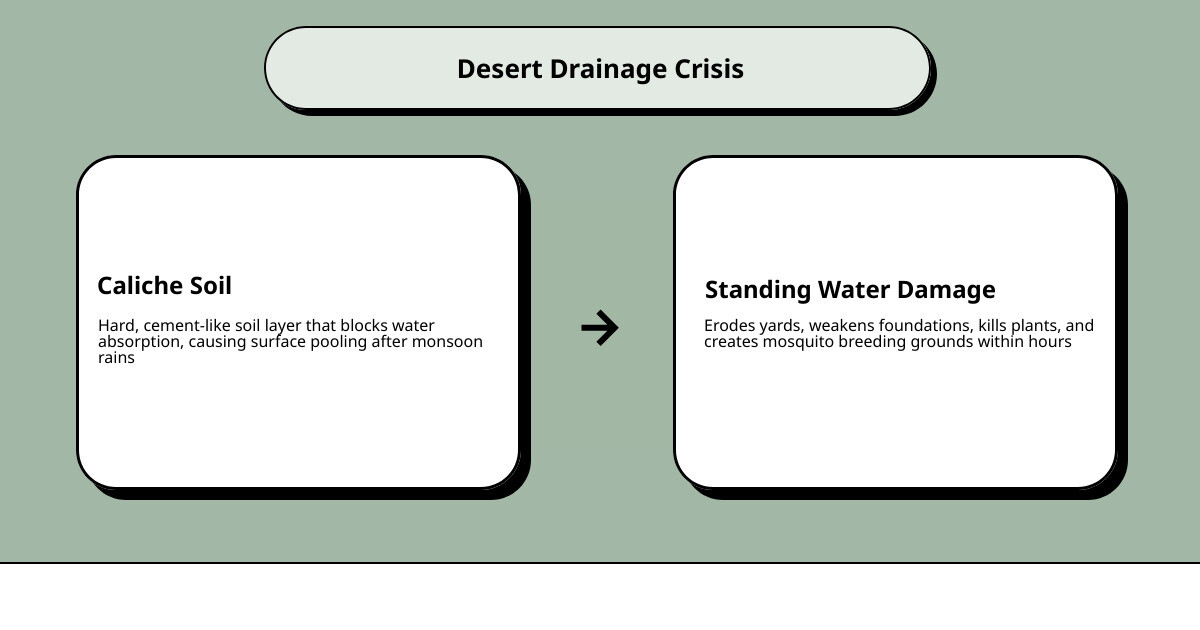 Infographic showing desert drainage challenges: caliche soil, monsoon runoff, standing water, grading, and flash flooding Infographic showing desert drainage challenges: caliche soil, monsoon runoff, standing water, grading, and flash flooding