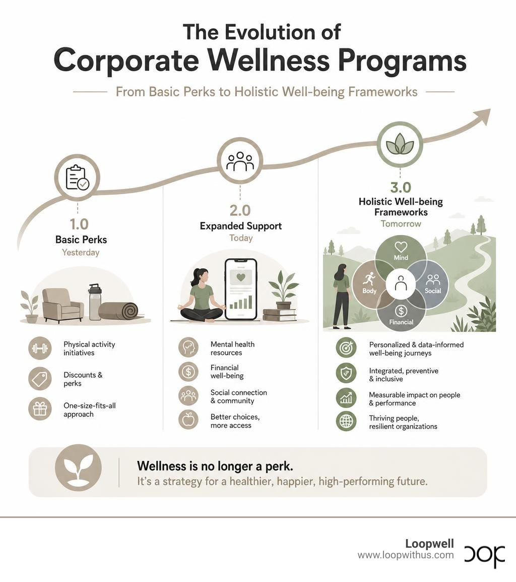 Evolution of corporate wellness programs from basic perks to holistic well-being frameworks infographic Evolution of corporate wellness programs from basic perks to holistic well-being frameworks infographic