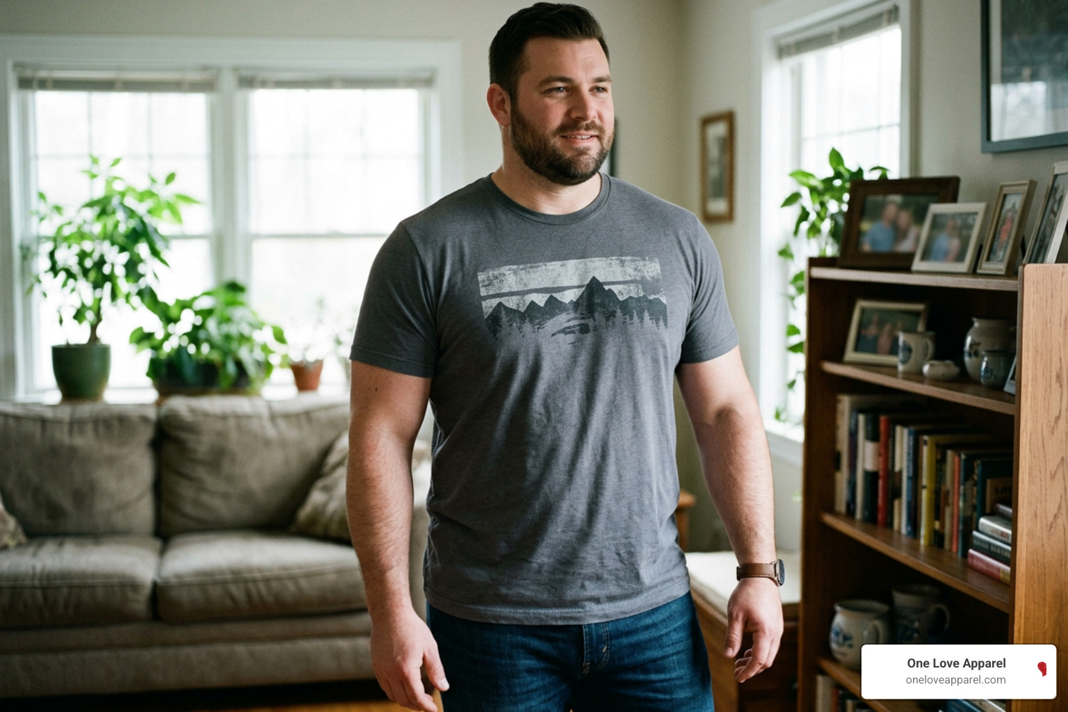 a well-fitting graphic tee draped comfortably on a broad-shouldered man a well-fitting graphic tee draped comfortably on a broad-shouldered man