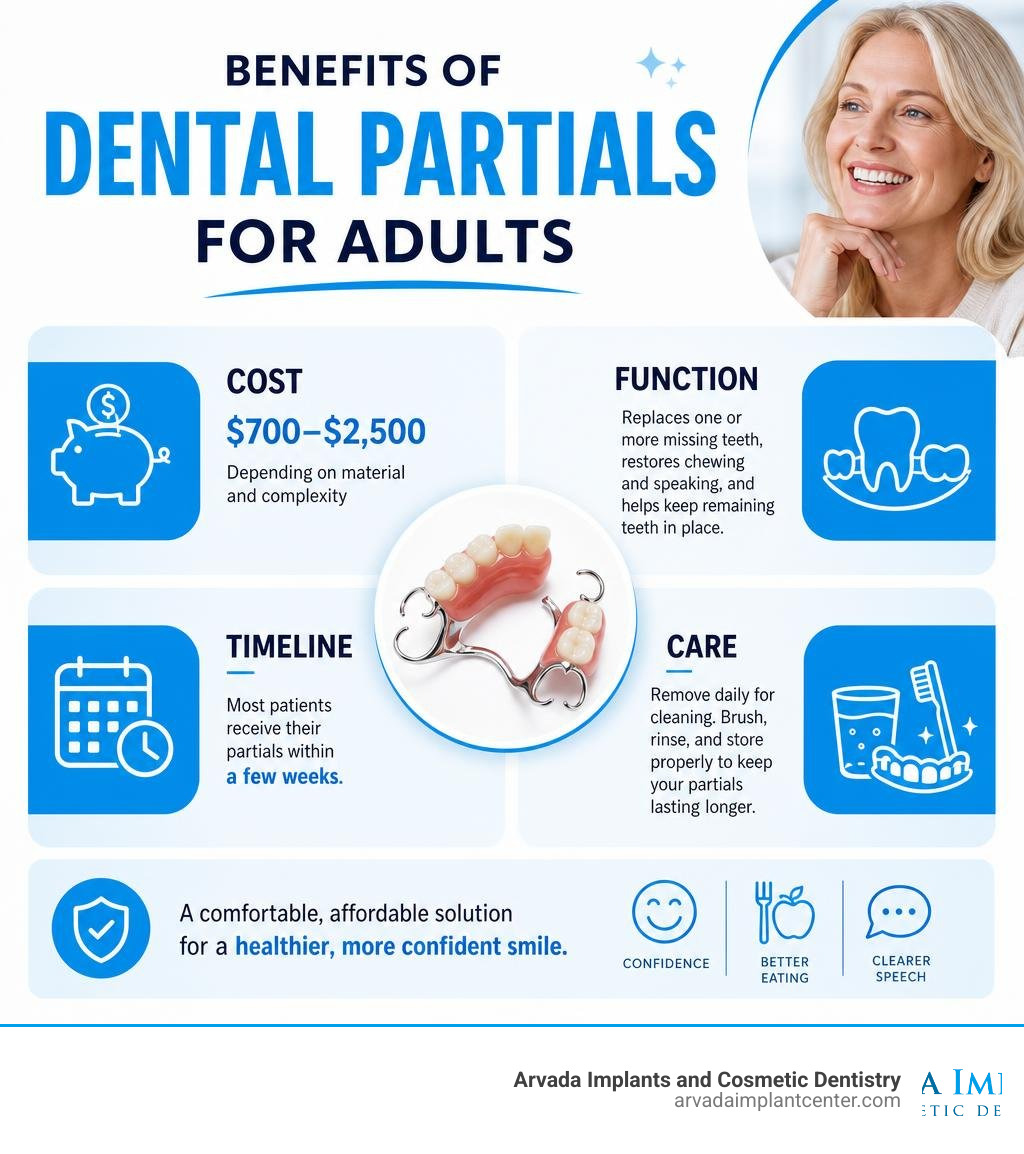 Benefits of dental partials for adults — cost, function, timeline, and care overview infographic