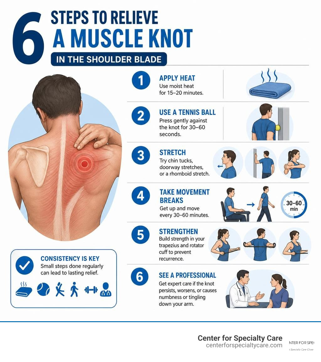 Infographic showing 6 steps to relieve a muscle knot in the shoulder blade, from heat to professional care infographic