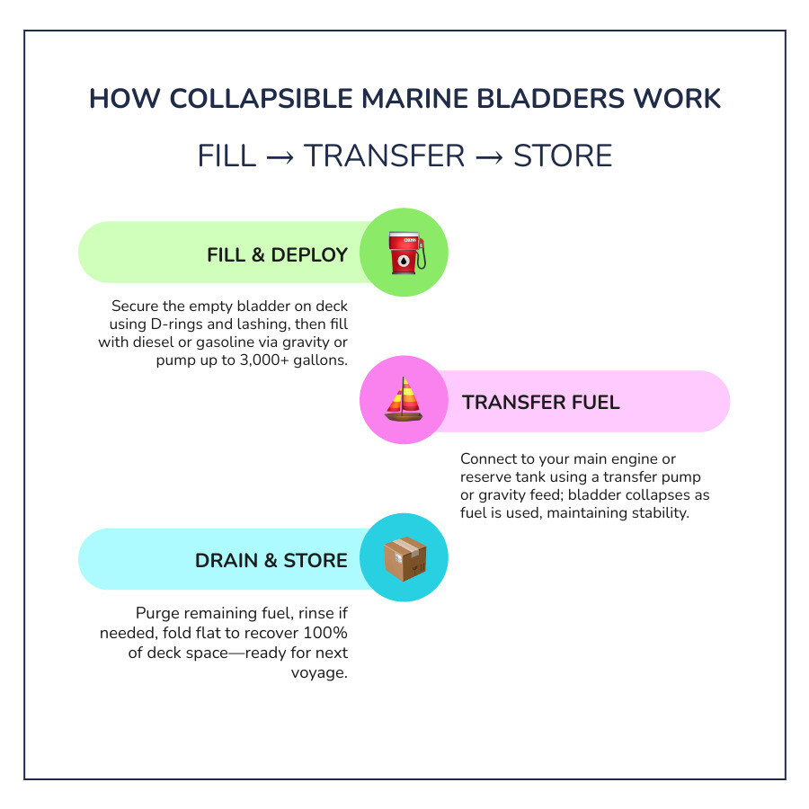 How collapsible marine bladders work: fill, deploy, transfer fuel, drain, fold, store infographic How collapsible marine bladders work: fill, deploy, transfer fuel, drain, fold, store infographic