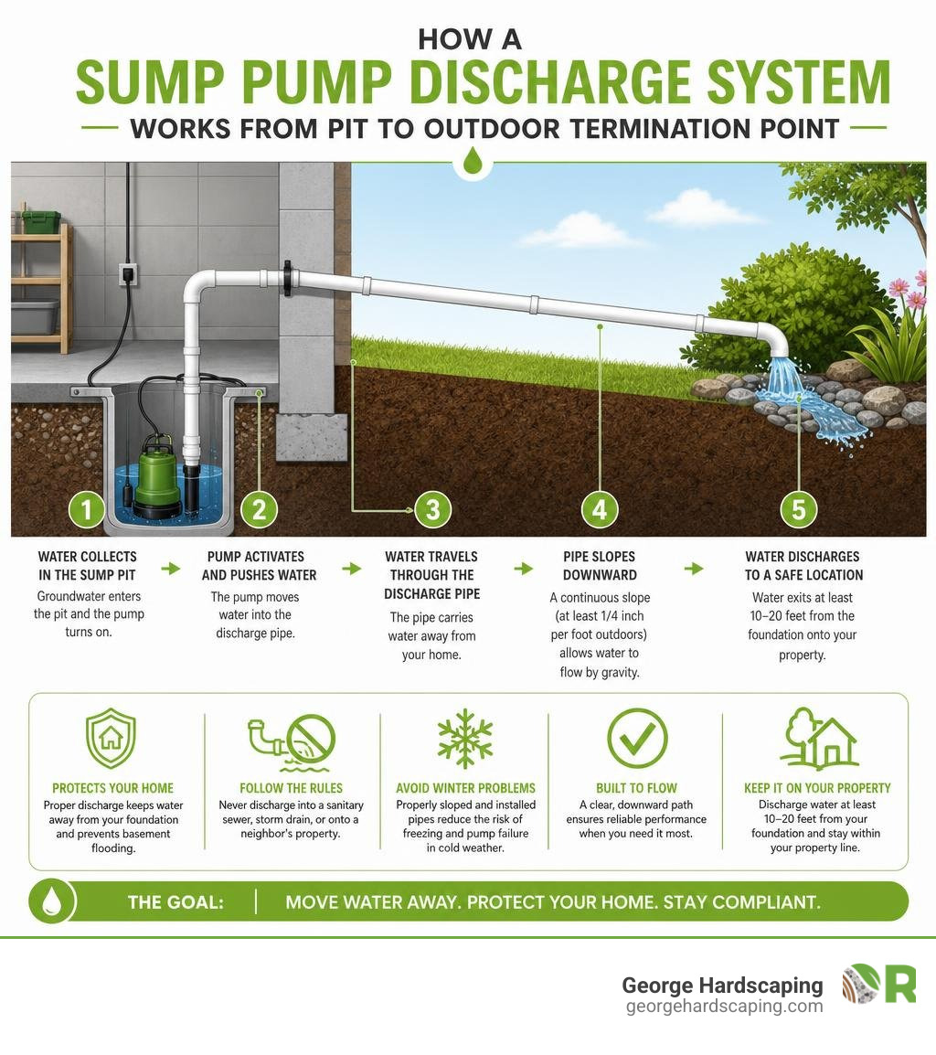 How a sump pump discharge system works from pit to outdoor termination point infographic How a sump pump discharge system works from pit to outdoor termination point infographic