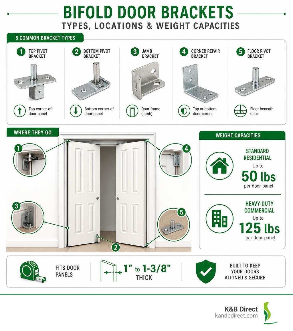 Bifold door hardware components infographic showing bracket types, locations, and weight capacities infographic Bifold door hardware components infographic showing bracket types, locations, and weight capacities infographic