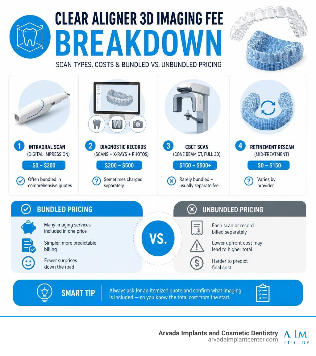 Clear aligner 3D imaging fee breakdown infographic showing scan types, costs, and bundled vs unbundled pricing infographic