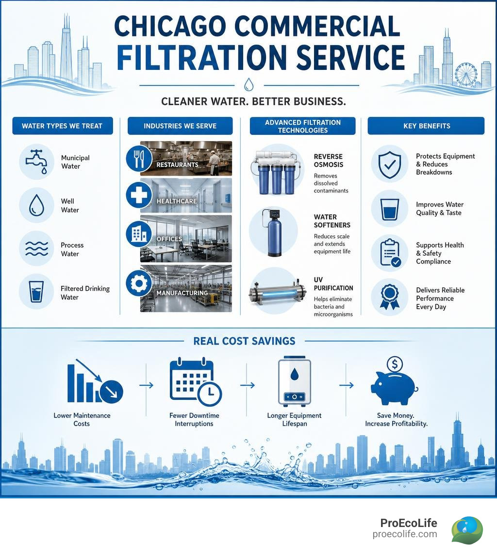 Chicago commercial filtration service benefits infographic: water types, industries, technologies, and cost savings Chicago commercial filtration service benefits infographic: water types, industries, technologies, and cost savings