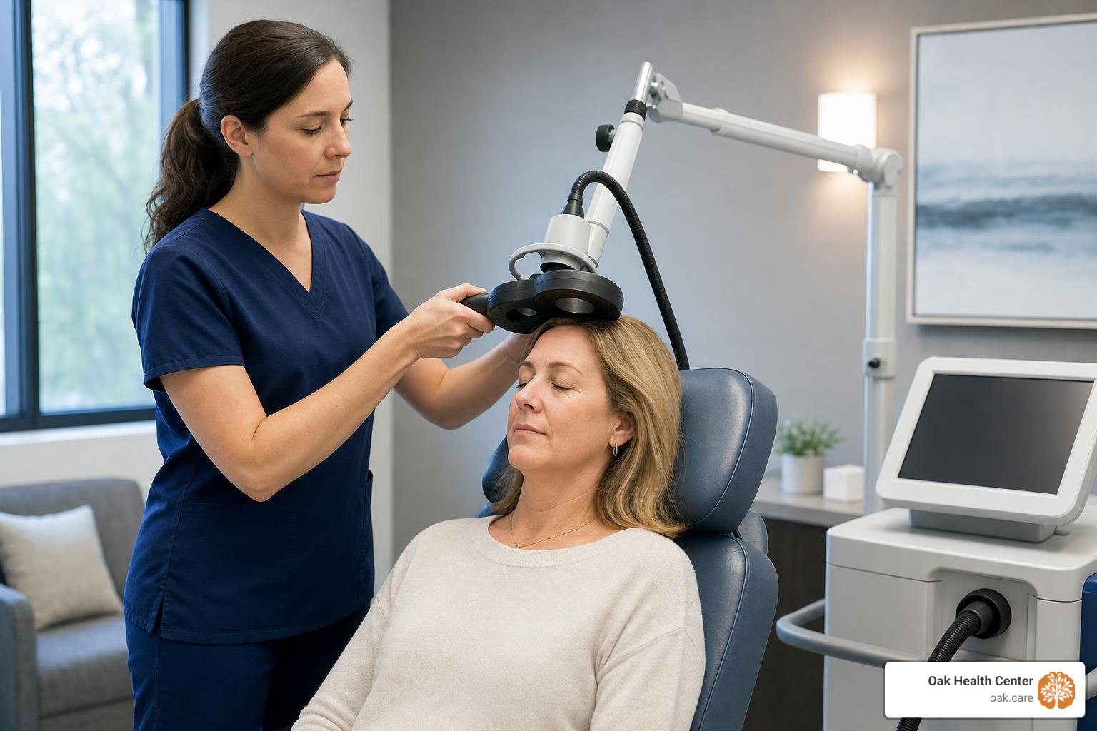 A clinical setting showing a transcranial magnetic stimulation session for depression