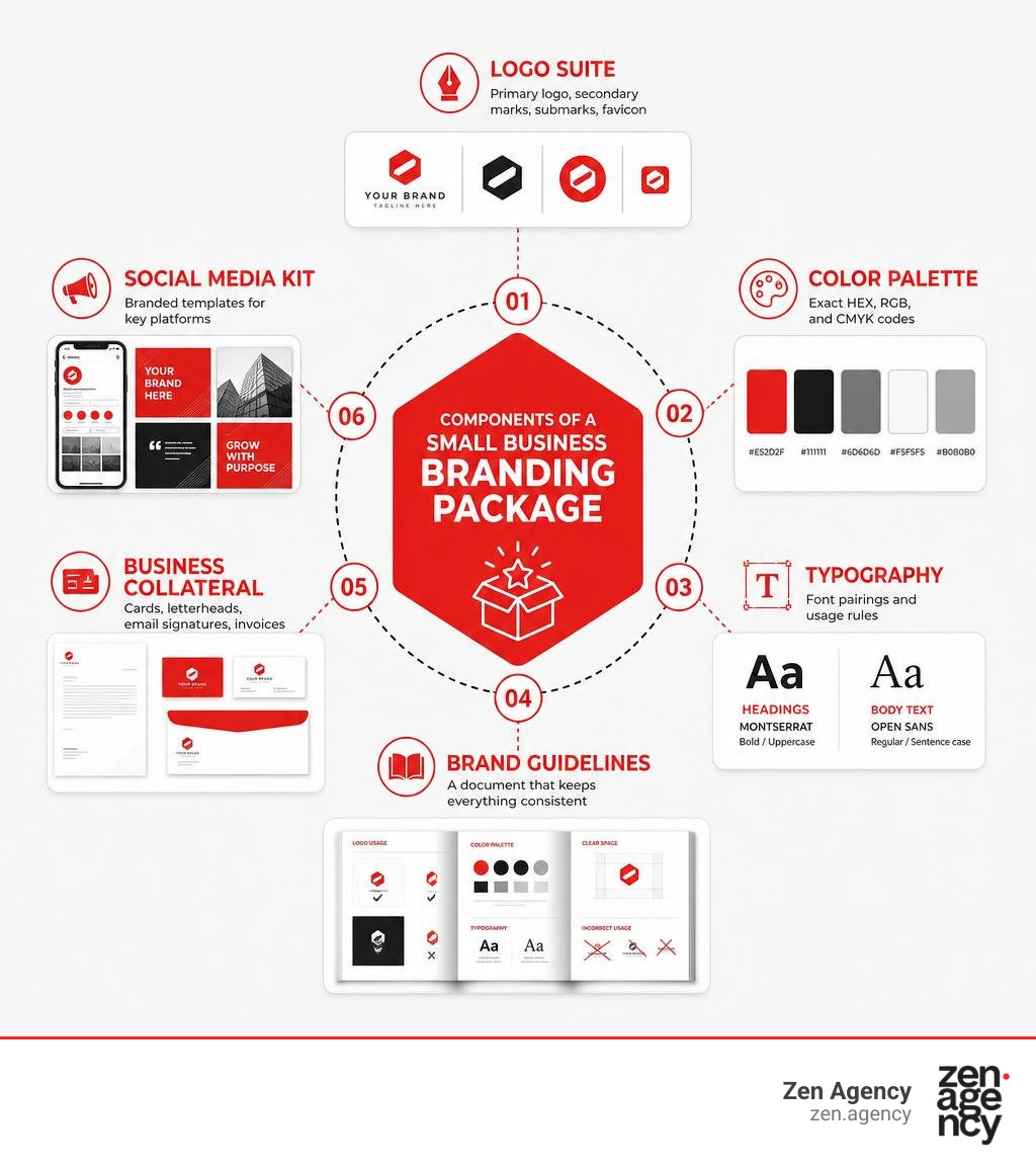 Components of a small business branding package: logo suite, color palette, typography, guidelines, collateral, and social Components of a small business branding package: logo suite, color palette, typography, guidelines, collateral, and social