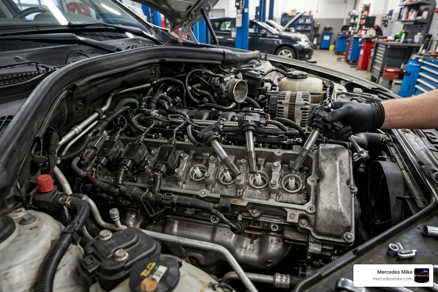 Mercedes-Benz engine bay with spark plugs exposed Mercedes-Benz engine bay with spark plugs exposed