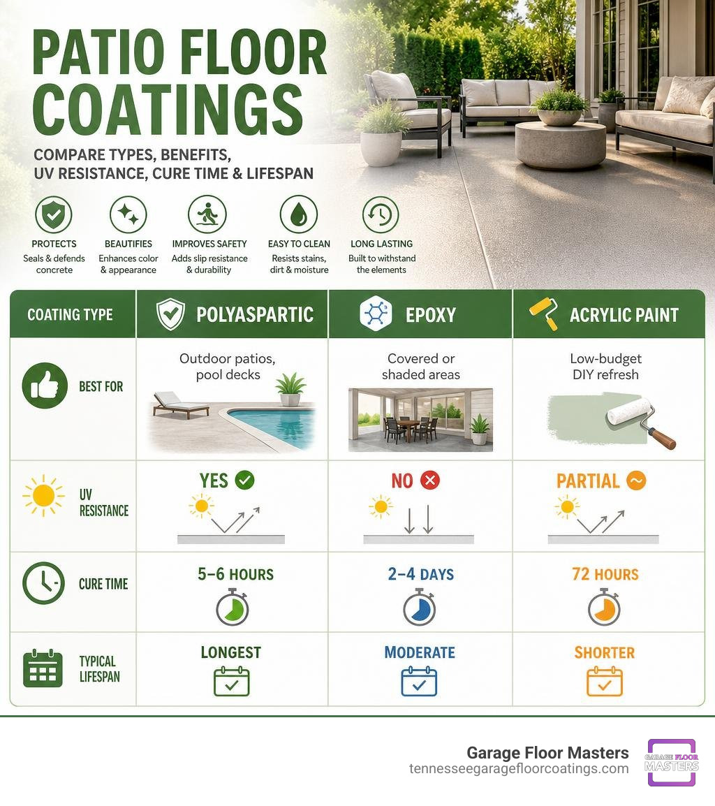 infographic showing patio floor coating types benefits UV resistance cure time and lifespan infographic