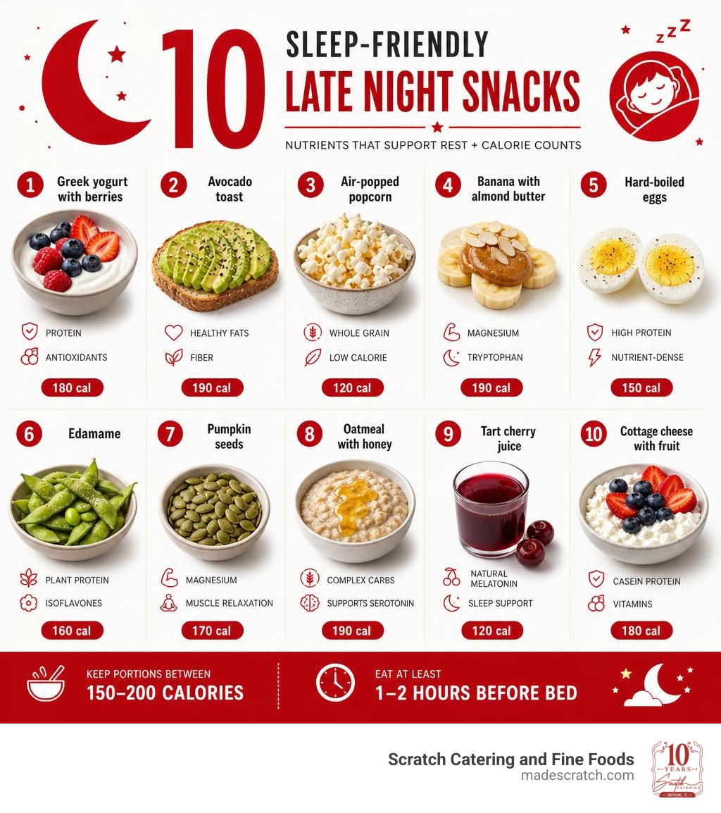 Infographic showing 10 sleep-friendly late night snacks with nutrients and calorie counts infographic