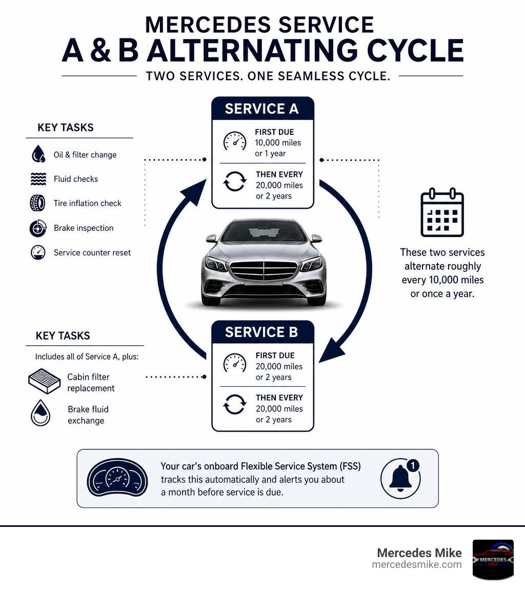 Mercedes Service A and Service B alternating cycle infographic with intervals and key tasks infographic Mercedes Service A and Service B alternating cycle infographic with intervals and key tasks infographic