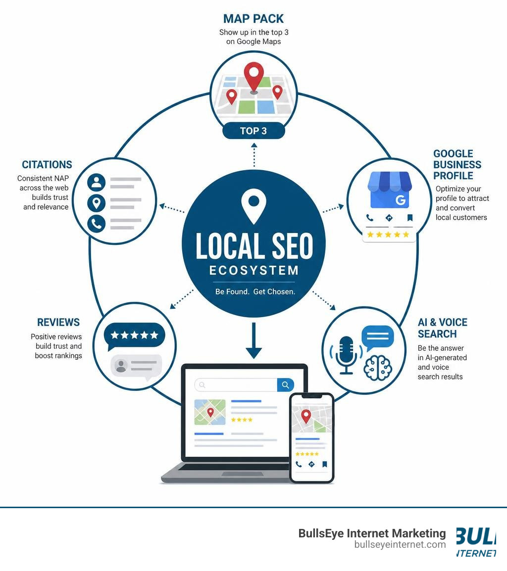 Local SEO expert search ecosystem infographic showing Map Pack, citations, GBP, reviews, and AI search infographic Local SEO expert search ecosystem infographic showing Map Pack, citations, GBP, reviews, and AI search infographic