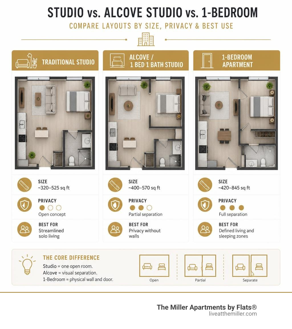 Infographic comparing studio, alcove studio, and 1-bedroom apartment layouts by size, privacy, and best use infographic Infographic comparing studio, alcove studio, and 1-bedroom apartment layouts by size, privacy, and best use infographic