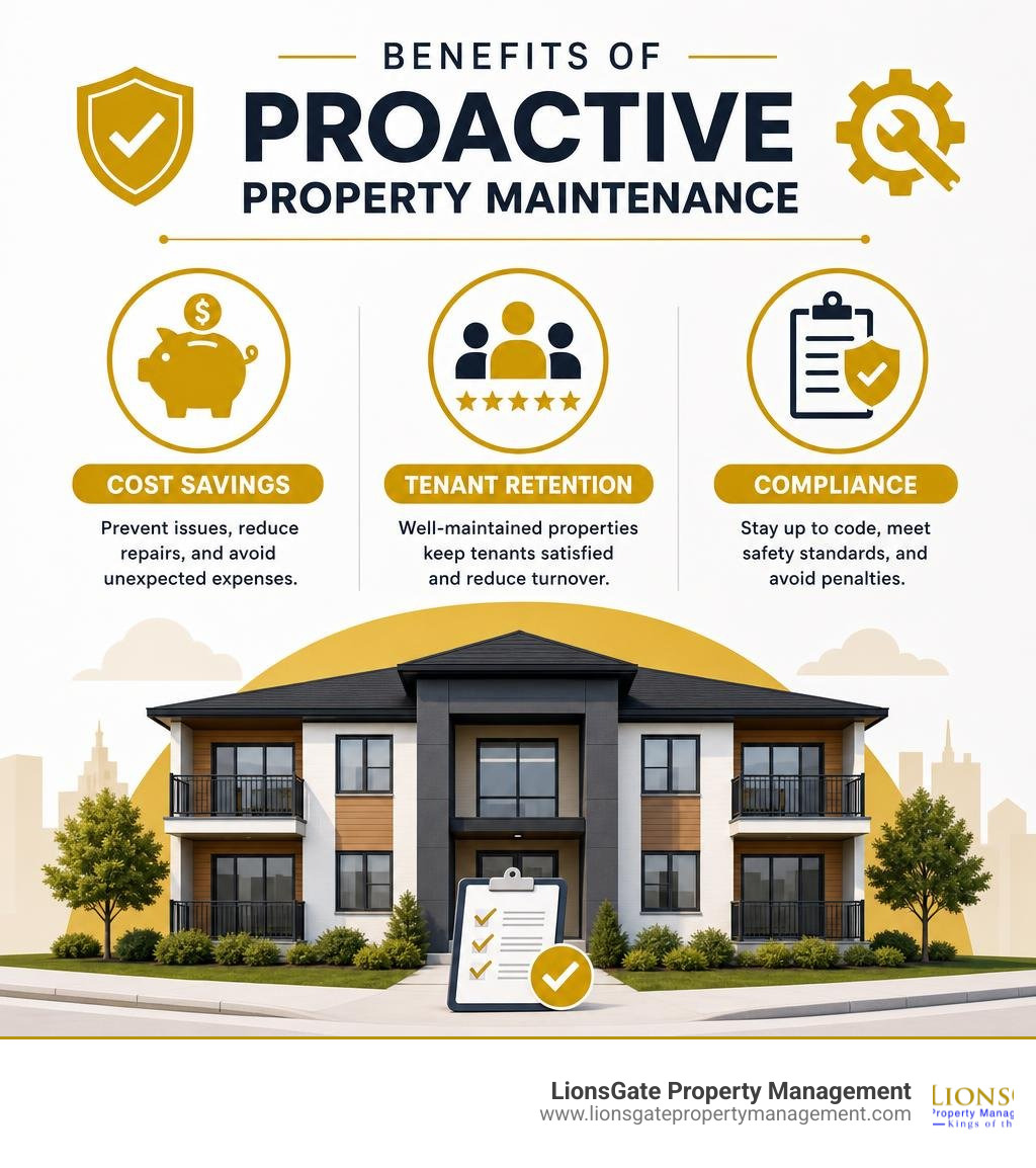 Benefits of proactive property maintenance including cost savings, tenant retention, and compliance infographic Benefits of proactive property maintenance including cost savings, tenant retention, and compliance infographic