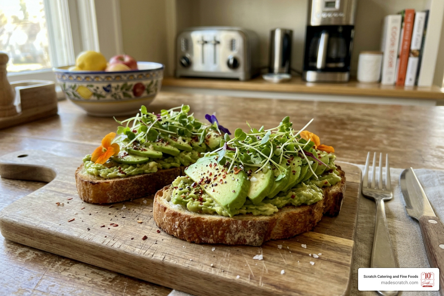Vibrant plate of savory avocado toast on sourdough bread with microgreens