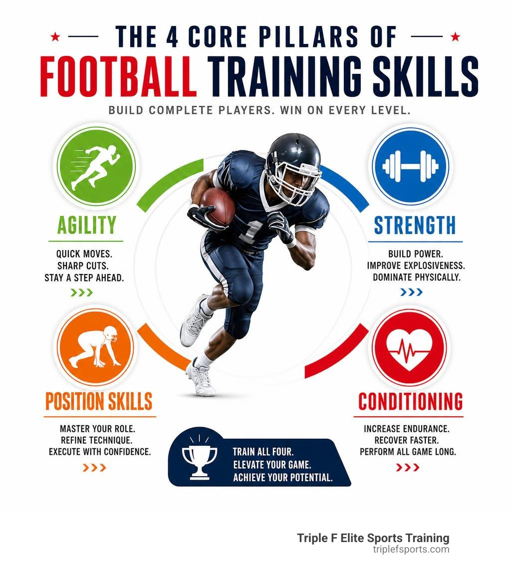 Core pillars of American football training skills including agility, strength, position skills, and conditioning infographic Core pillars of American football training skills including agility, strength, position skills, and conditioning infographic