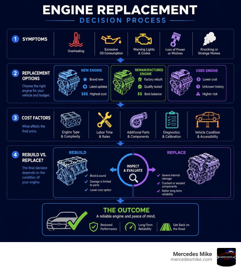 Engine replacement decision process: symptoms, options, cost factors, and rebuild vs. replace outcome infographic
