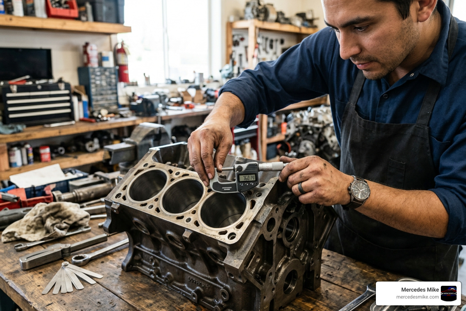 Mechanic measuring engine tolerances for rebuild vs replacement