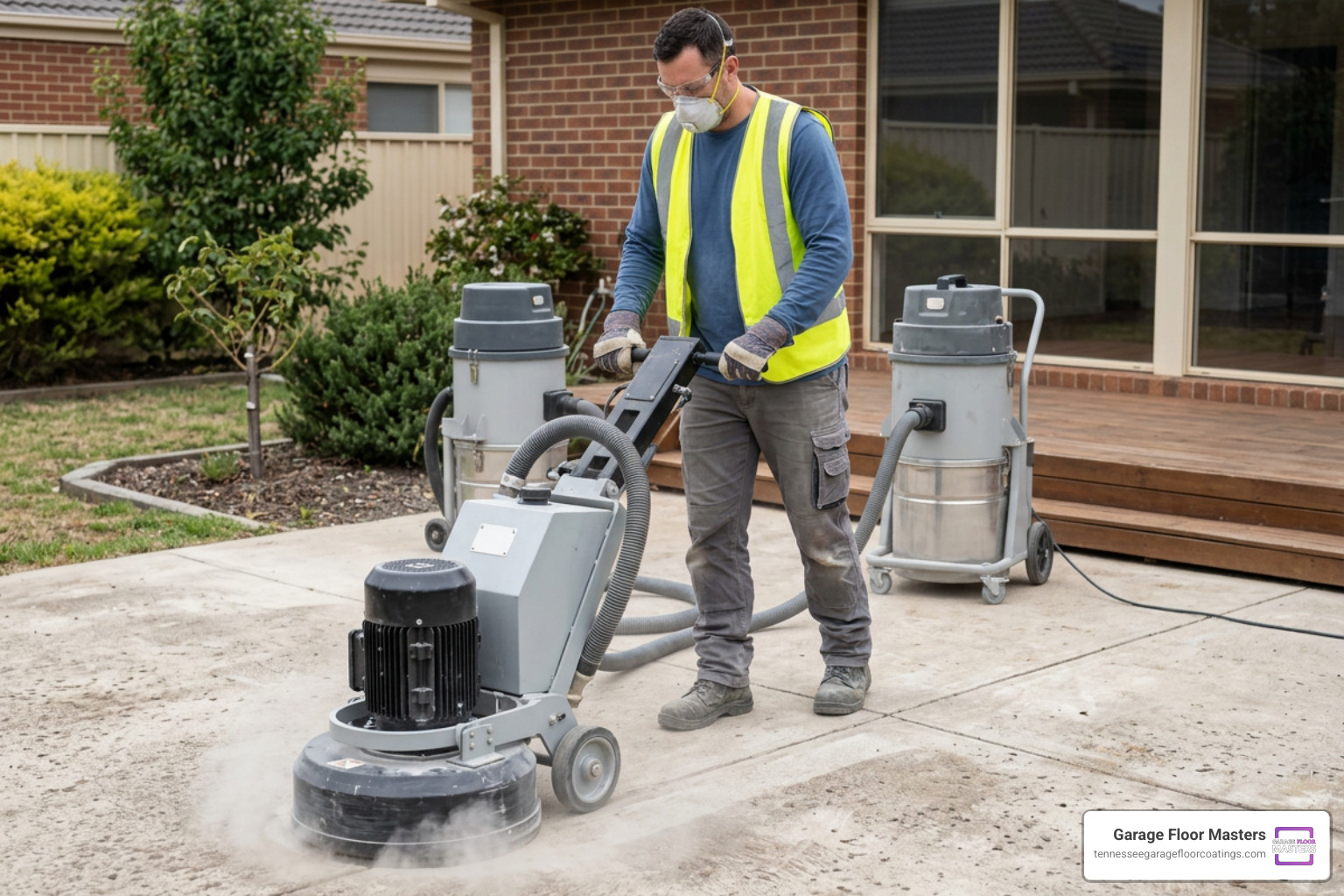 professional technician diamond grinding a concrete patio before coating