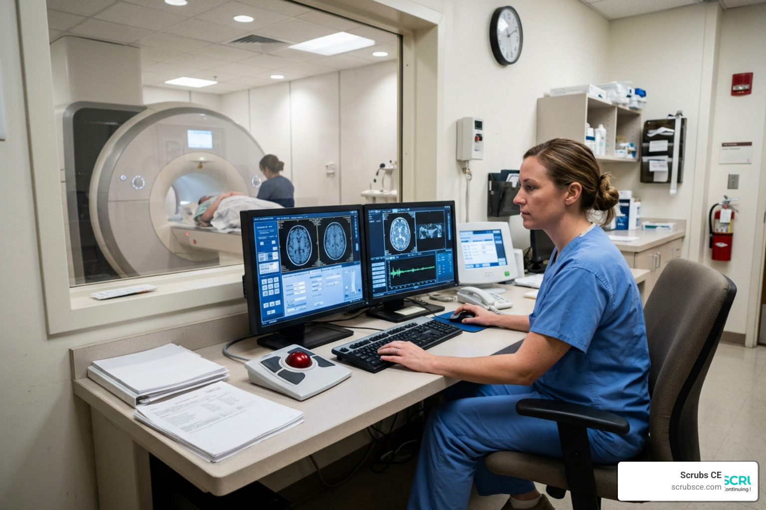 An MRI technologist adjusting scanner parameters at the console An MRI technologist adjusting scanner parameters at the console
