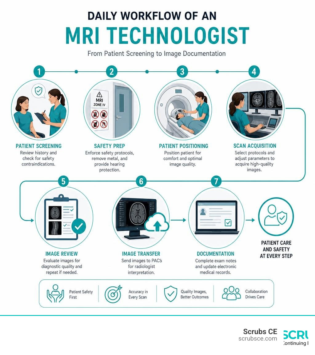 Daily workflow of an MRI technologist from patient screening to image documentation infographic Daily workflow of an MRI technologist from patient screening to image documentation infographic