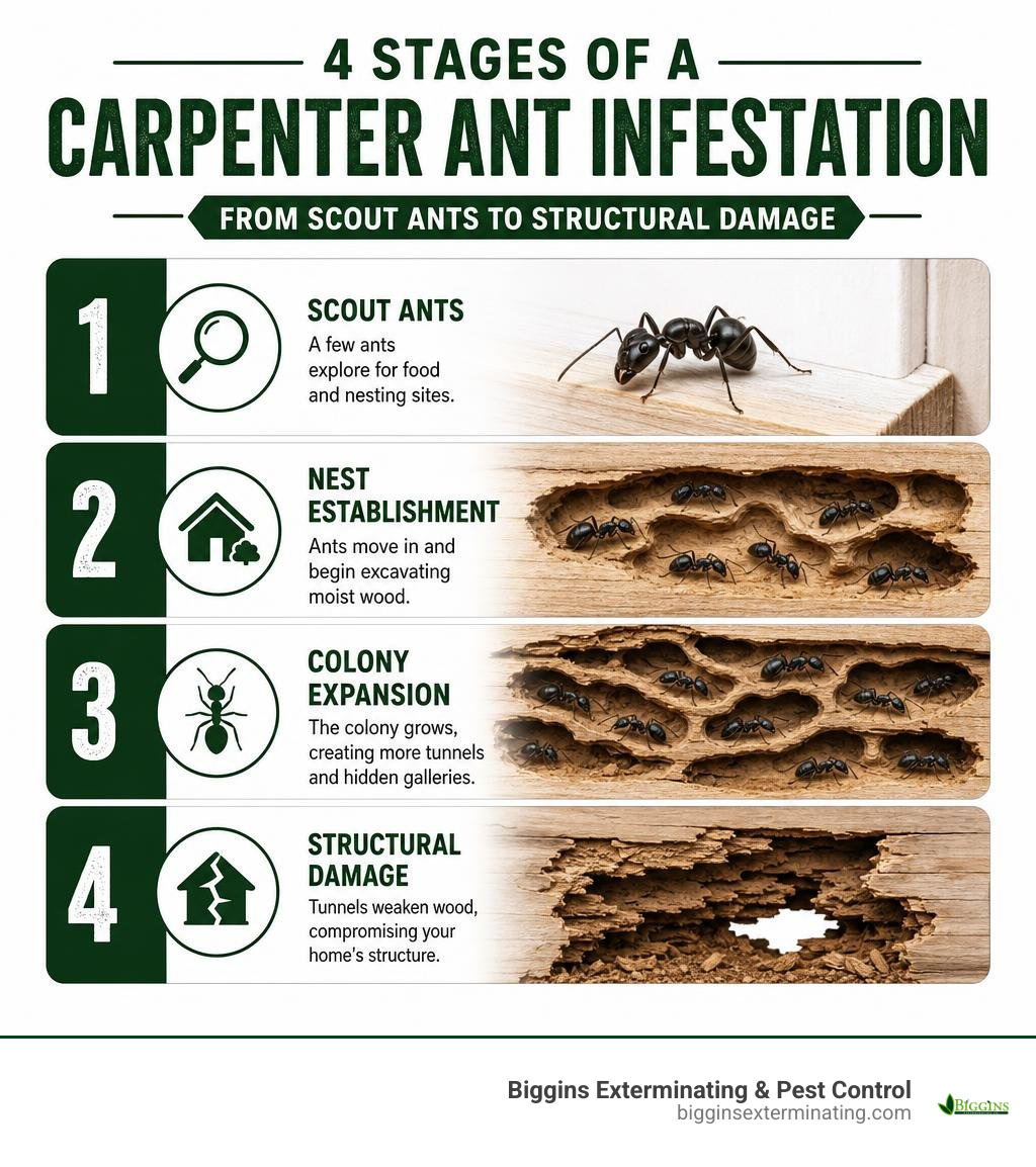 4 stages of a carpenter ant infestation from scout ants to structural damage infographic