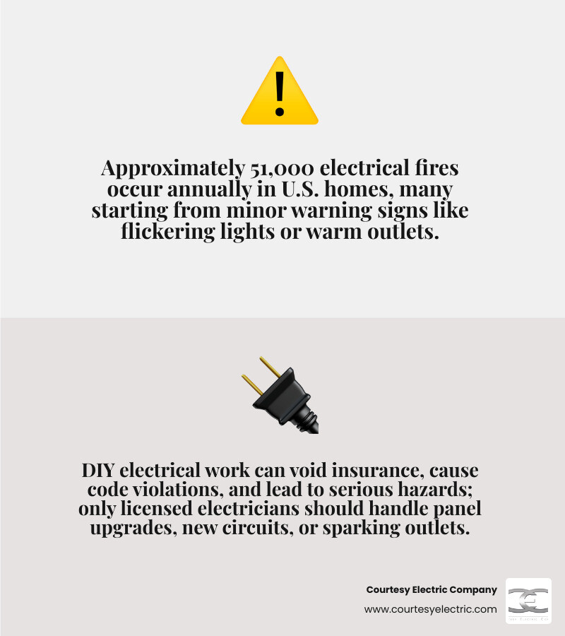 Infographic comparing DIY vs licensed electrician electrical tasks with warning signs and legal requirements infographic Infographic comparing DIY vs licensed electrician electrical tasks with warning signs and legal requirements infographic