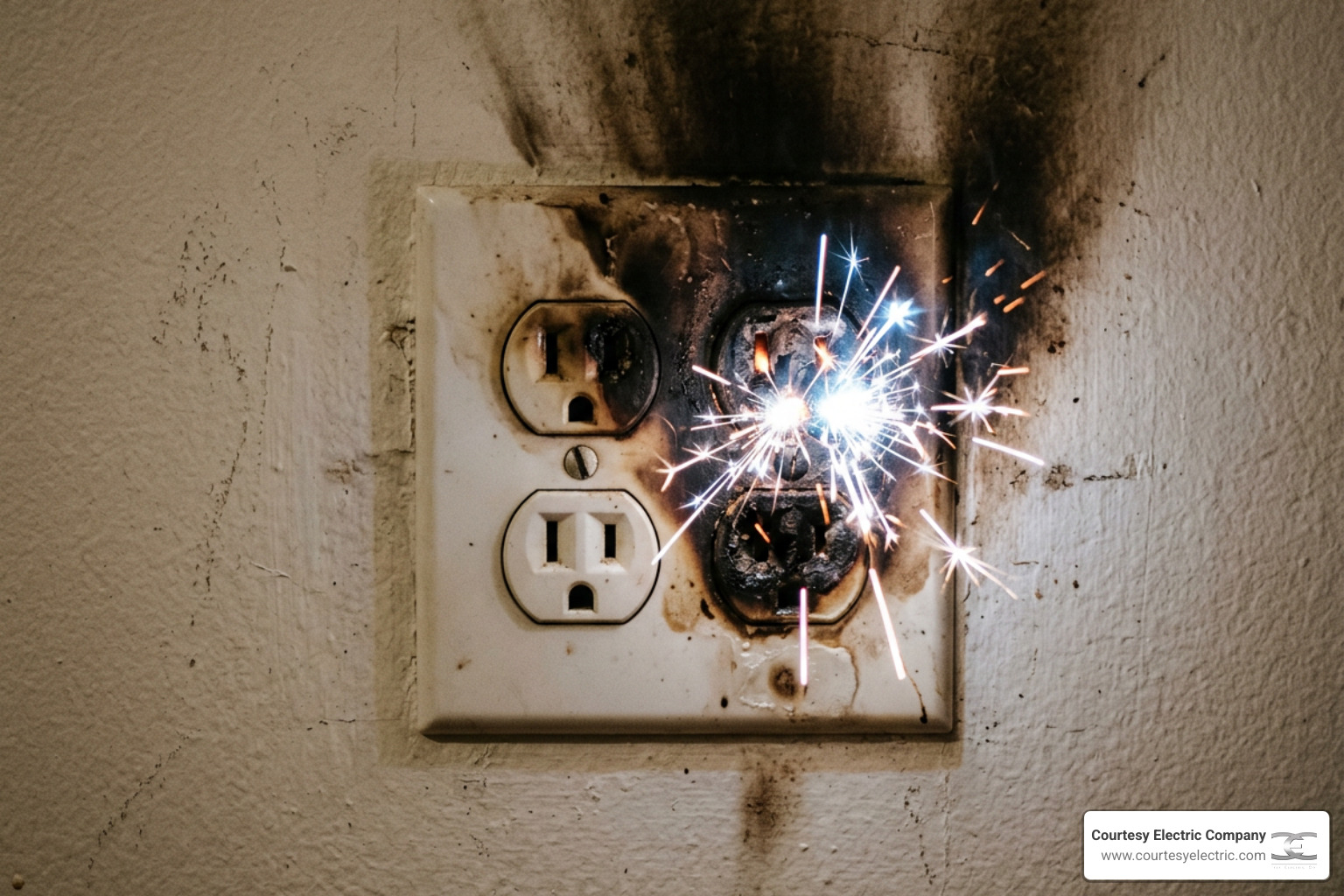 sparking electrical outlet showing signs of dangerous arcing and thermal damage sparking electrical outlet showing signs of dangerous arcing and thermal damage