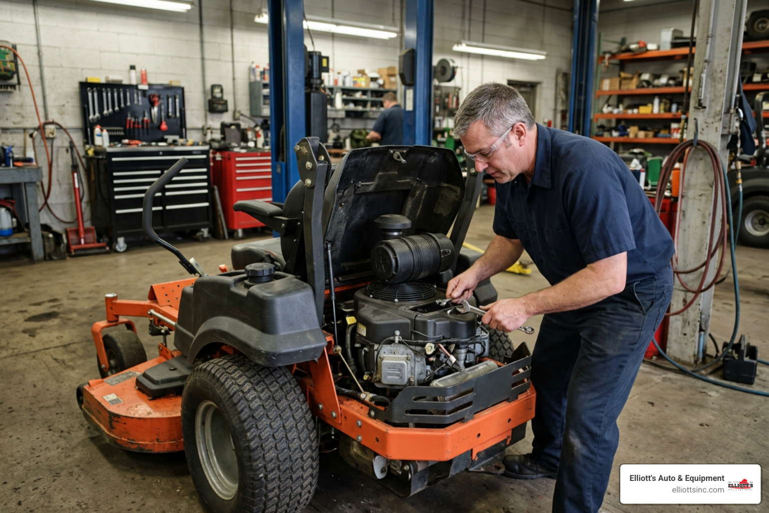 Certified mechanic inspecting a Hustler zero turn riding lawn mower engine Certified mechanic inspecting a Hustler zero turn riding lawn mower engine