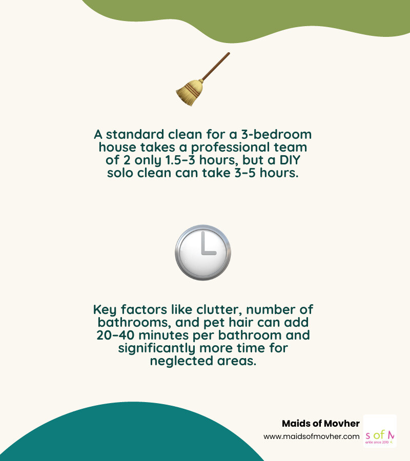 Infographic showing average cleaning times for a 3-bedroom house by clean type and team size infographic Infographic showing average cleaning times for a 3-bedroom house by clean type and team size infographic
