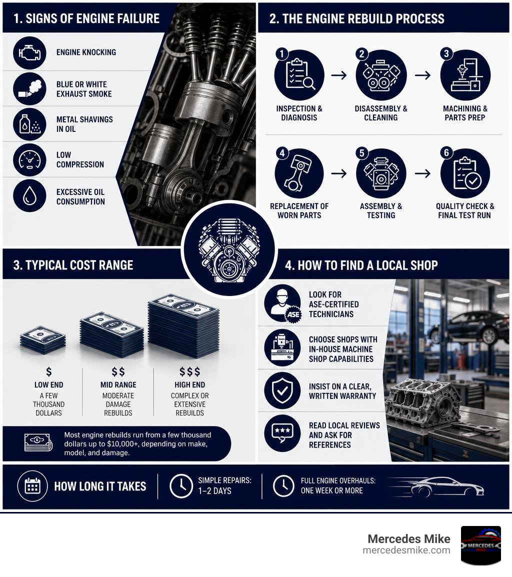 Signs of engine failure, rebuild process steps, cost ranges, and how to find a local shop infographic Signs of engine failure, rebuild process steps, cost ranges, and how to find a local shop infographic
