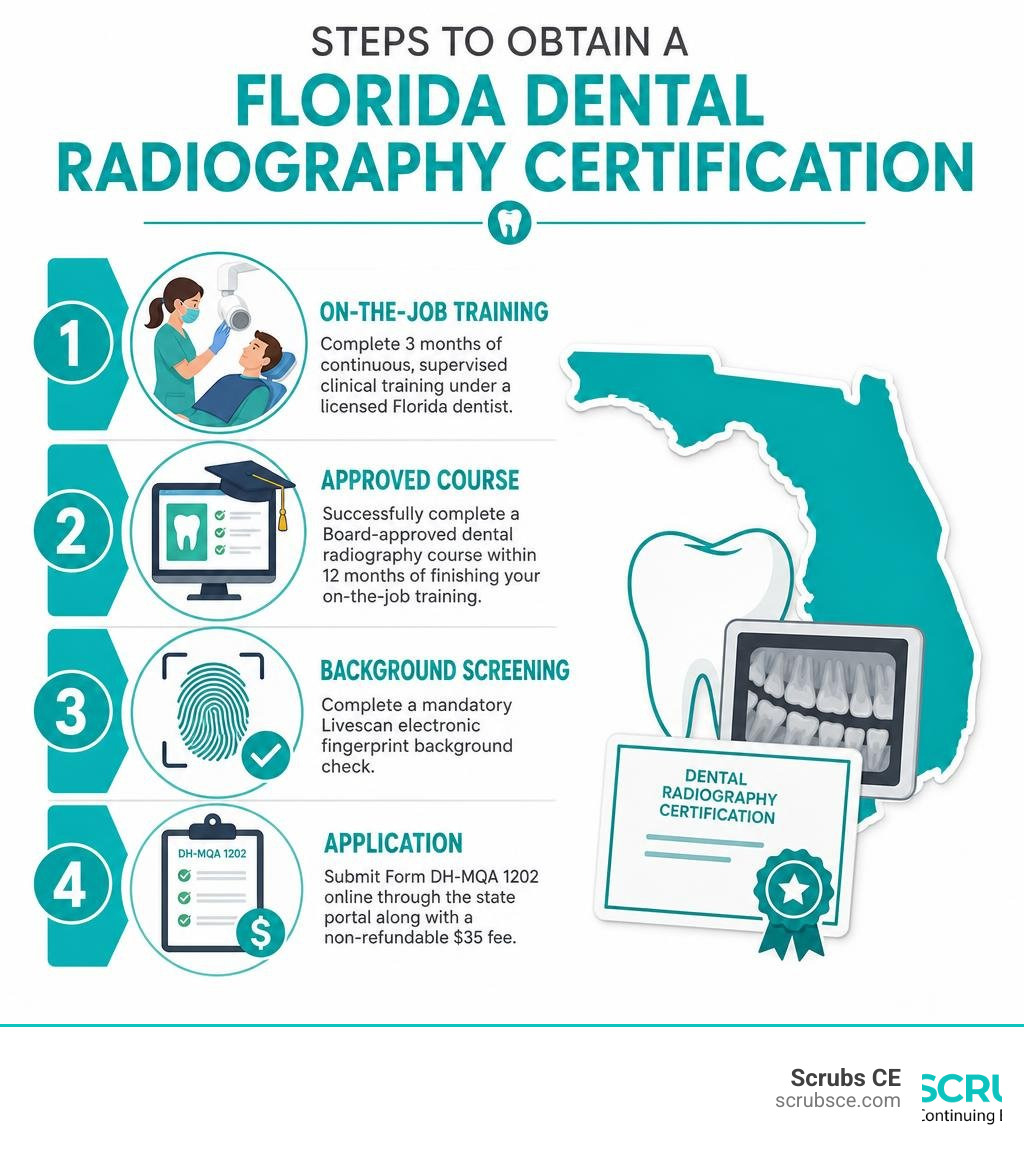 Steps to obtain a Florida dental radiography certification infographic Steps to obtain a Florida dental radiography certification infographic