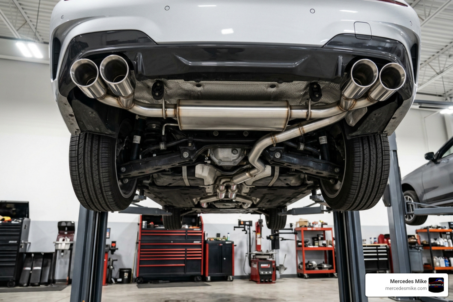Professionally installed performance exhaust on a BMW 340i Professionally installed performance exhaust on a BMW 340i