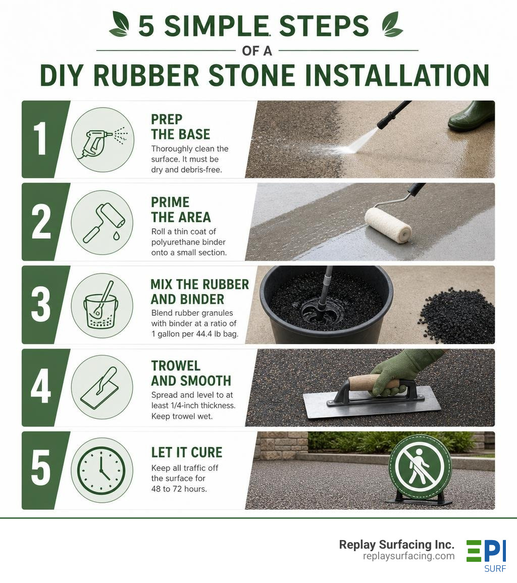 Infographic showing the 5 simple steps of a DIY rubber stone installation infographic Infographic showing the 5 simple steps of a DIY rubber stone installation infographic