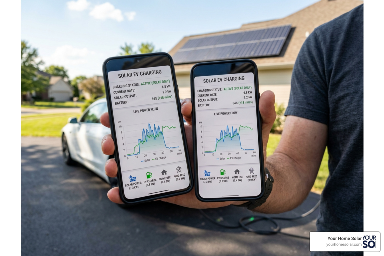 A close-up of a smartphone app showing real-time solar-powered EV charging diagnostics A close-up of a smartphone app showing real-time solar-powered EV charging diagnostics
