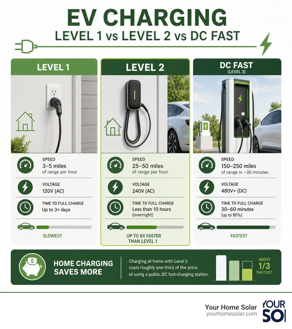 Infographic comparing Level 1, Level 2, and DC Fast charging speeds, voltages, and charge times infographic Infographic comparing Level 1, Level 2, and DC Fast charging speeds, voltages, and charge times infographic