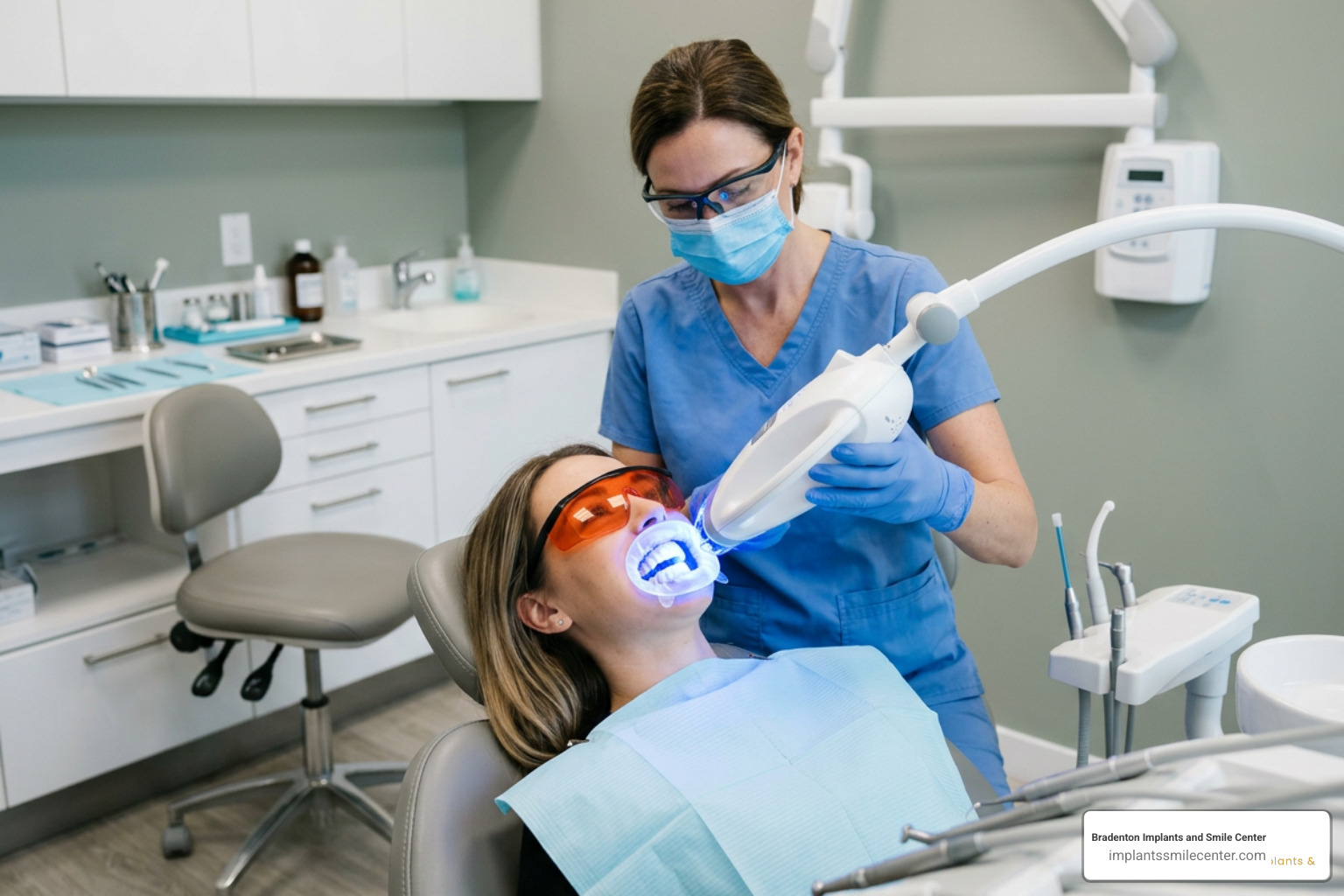 Light-activated tooth whitening procedure in a dental office