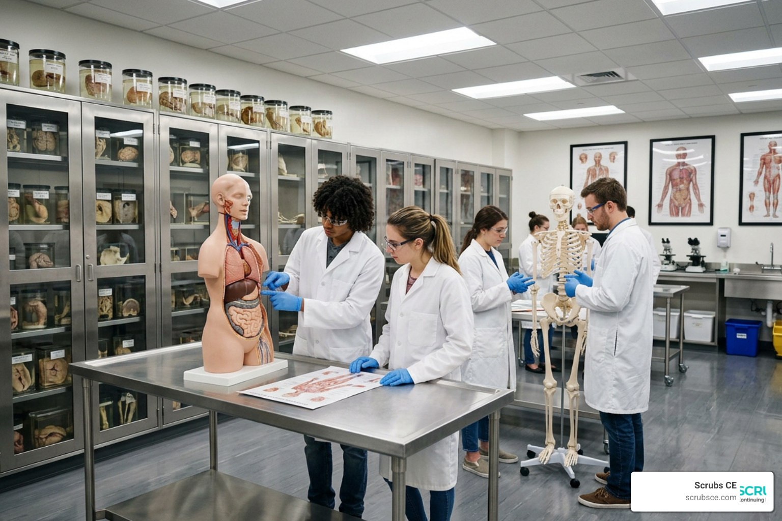 modern anatomy laboratory with students and anatomical models modern anatomy laboratory with students and anatomical models