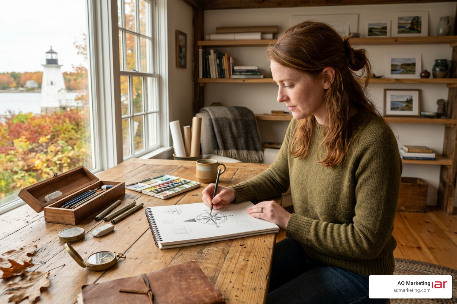 Specialist graphic designer sketching a custom brand logo concept with a New England aesthetic Specialist graphic designer sketching a custom brand logo concept with a New England aesthetic