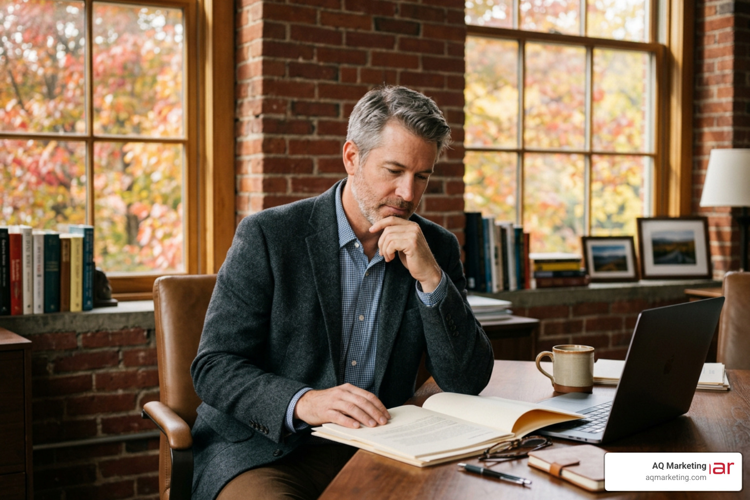 Small business owner in a classic New England office reviewing a professional branding project proposal Small business owner in a classic New England office reviewing a professional branding project proposal