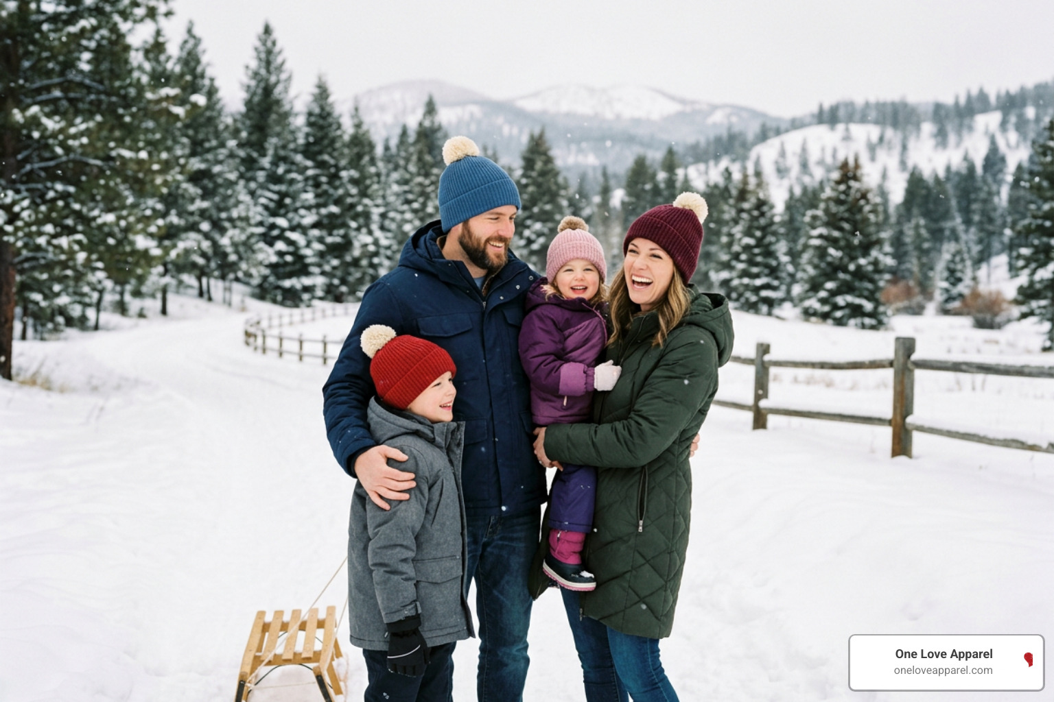 A happy family wearing matching winter knit pom pom beanies while enjoying a snowy day outdoors