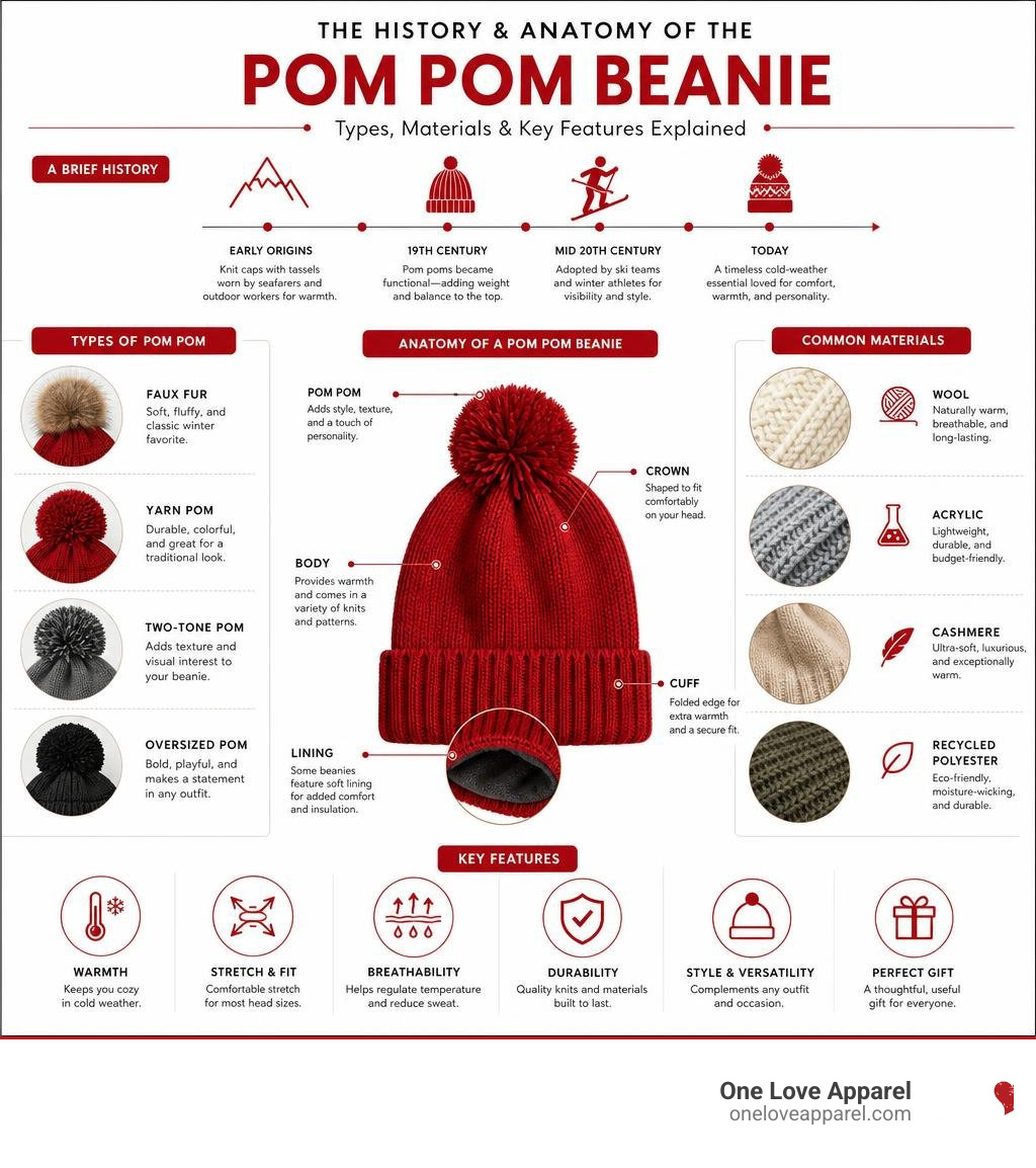 History and anatomy of the pom pom beanie: types, materials, and key features explained infographic